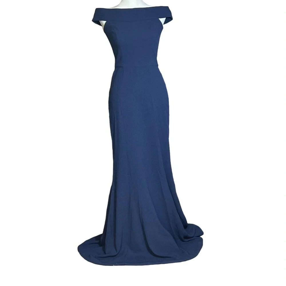 DRESS the POPULATION Bridal Jackie Off the Shoulder Trumpet Gown Navy, Small - Picture 1 of 8